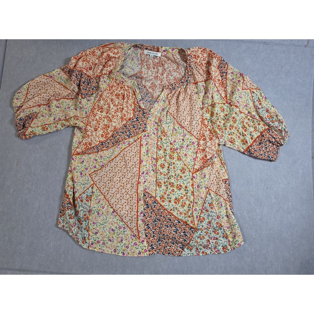 Rose & Olive Top Womens 1X Boho Patchwork Floral Shirt 3/4 Sleeve Blouse